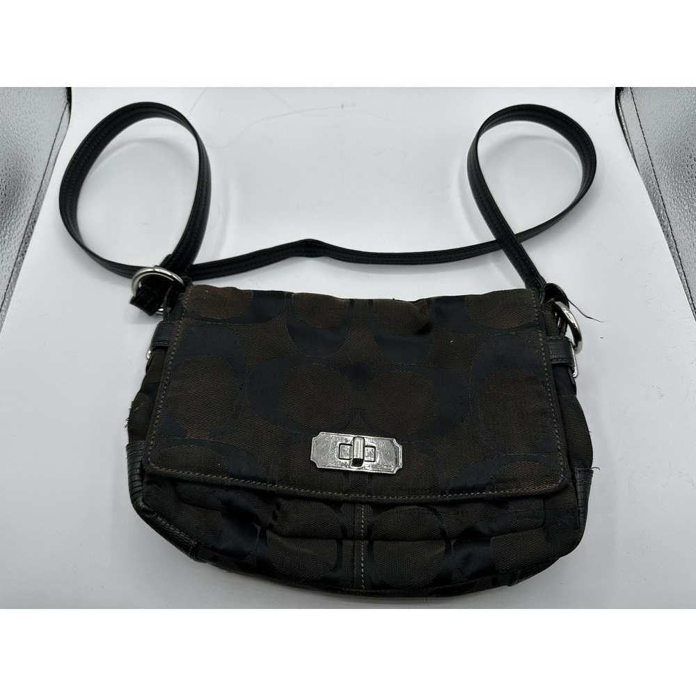 Coach Signature C Jacquard Shoulder Bag Black Brown Turnlock Crossbody Purse
